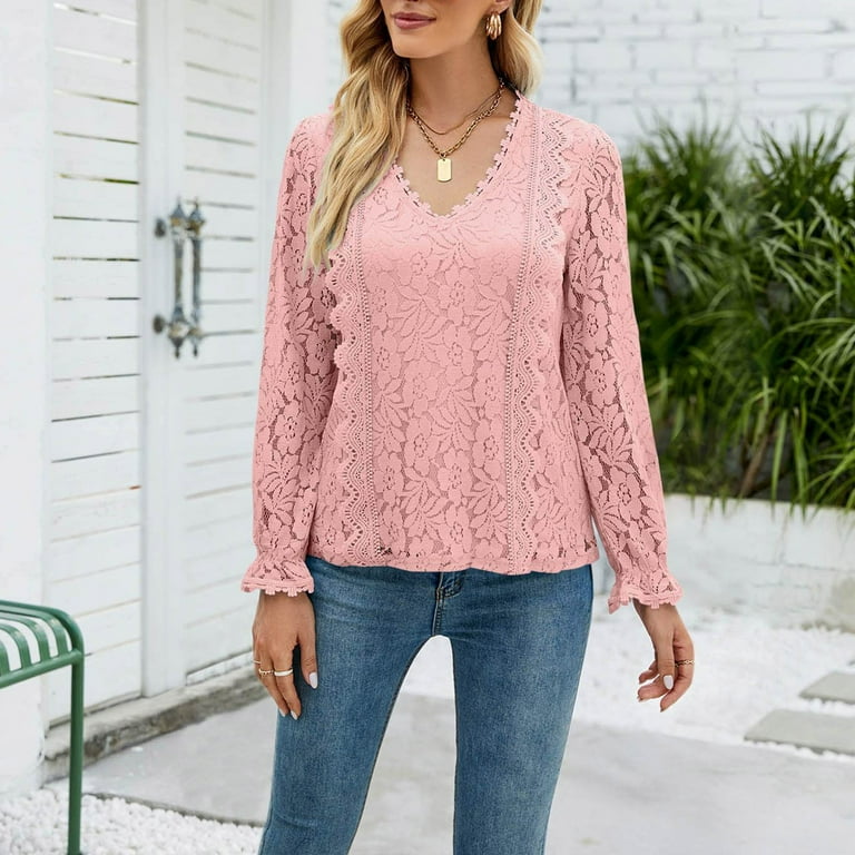 YYDGH Womens Lace Dressy Tops Long Sleeve V Neck Shirts