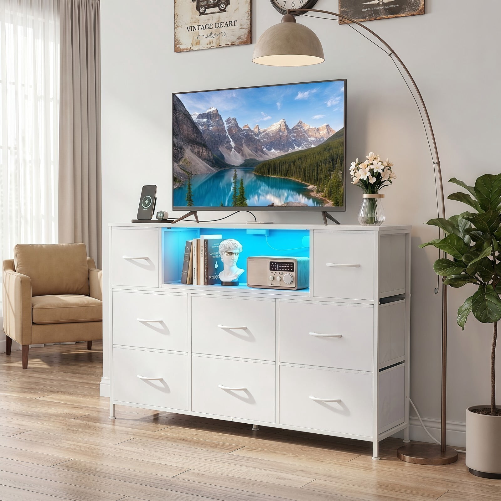 BEAUTYPEAK TV Stand Dresser with 8 Fabric Drawers LED Light Open Shelf AC & USB-C Charging Station, White