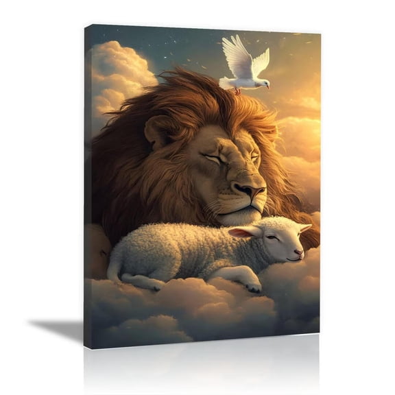 Mudket Lion and Lamb Canvas Wall Art, Lion of Judah with Lamb & Dove Christian Canvas Print, Religious Biblical Peace Wall Decor for Home Church, Framed Ready to Hang - 12"L x 8"W