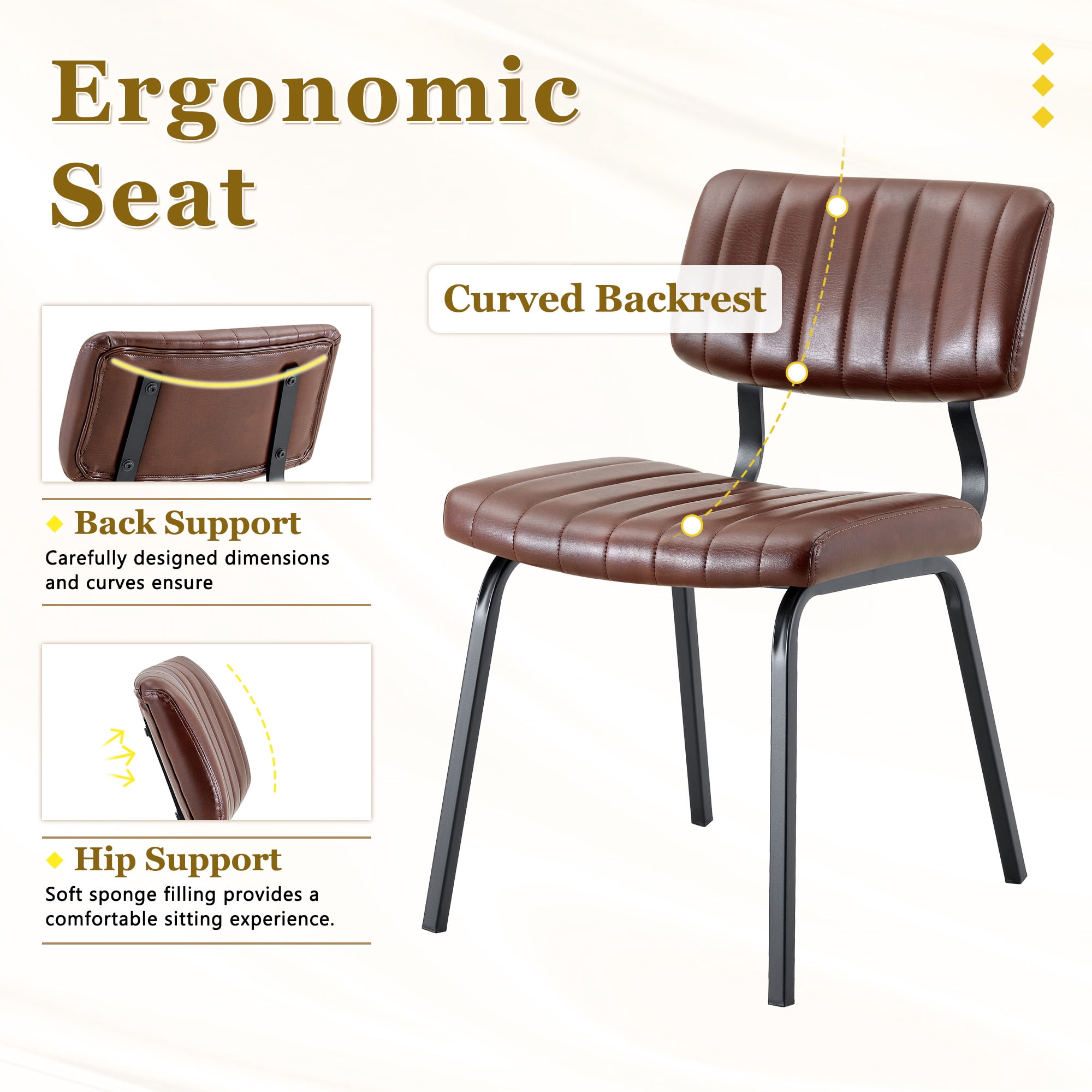 GARITIN 2 Pack Vintage Brown PU Leather Dining Chairs, Mid-Century Stripe Upholstered Side Chairs, Modern Industrial Accent Chairs with Black Metal Frame for Kitchen Dining Room