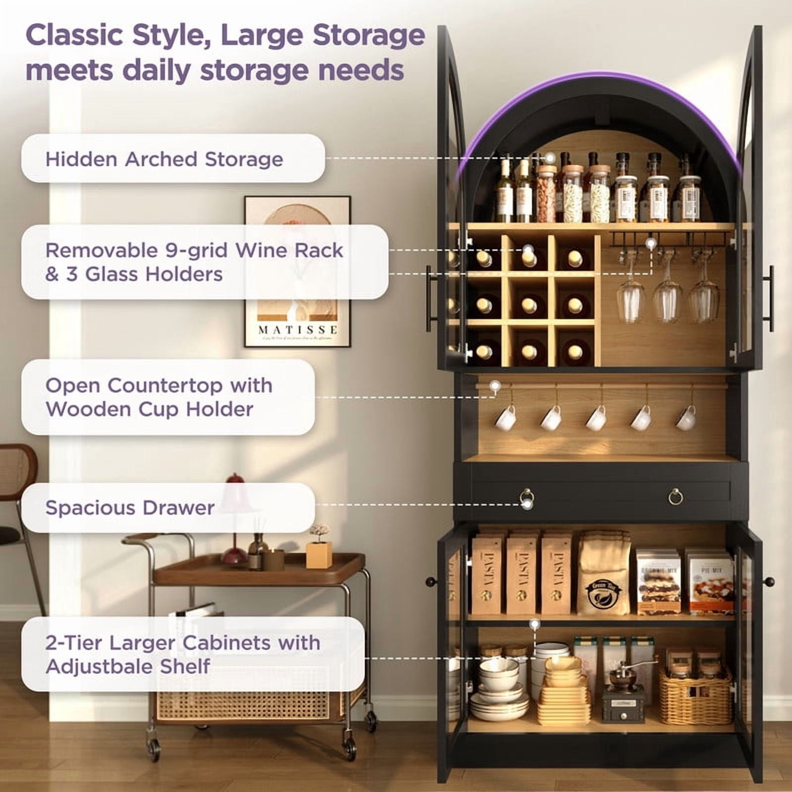 Mid-Century Bar Cabinet with Tempered Glass Doors & Drawer, Home Coffee Storage Cabinet with Hooks, Wine Racks & Glass Holders