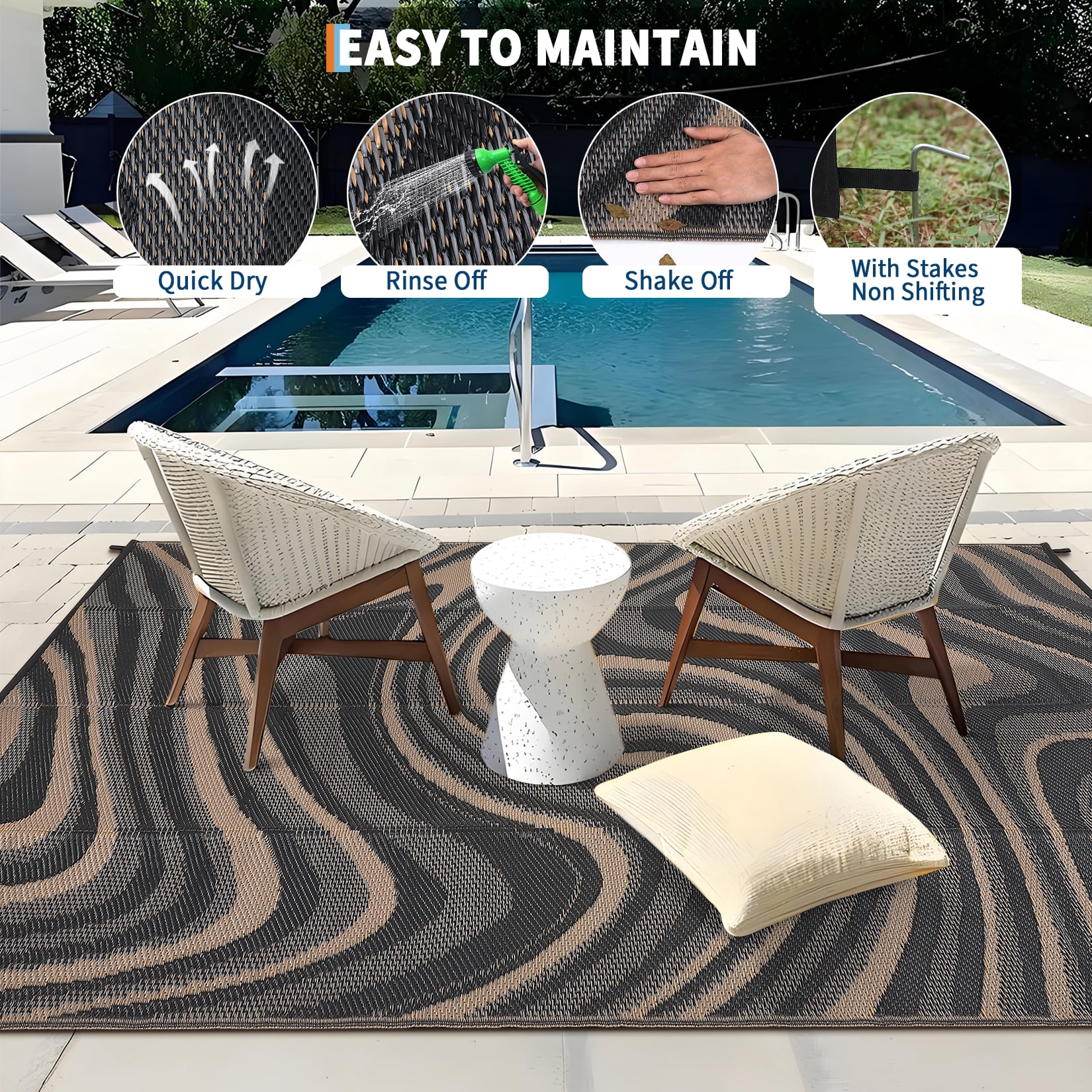 Garvee Outdoor Rug 10'x14' Abstract Plastic Area Rug Waterproof Reversible Outdoor Carpet, Plastic Straw Rug for Patio RV Camping Balcony Deck Backyard, Black