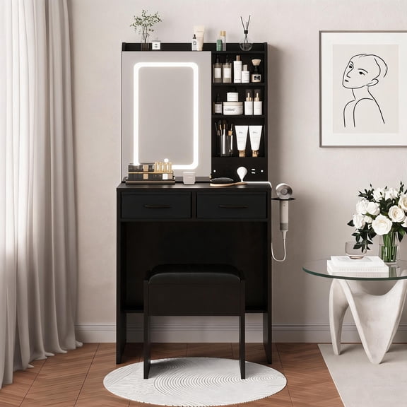 Makeup Vanity with Lights and Mirror, Charging Station, Power Outlets, USB Ports, Stool, Drawers and Shelves