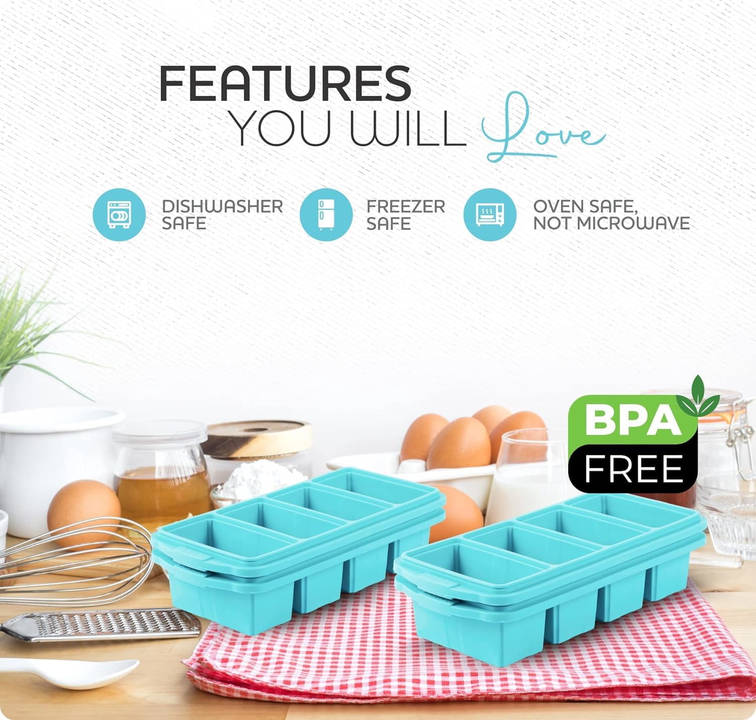 Silicone Freezer Tray With Lid - Soup Container Molds Large Ice Cube Tray- Makes 8 1 Cup Portions Cubes  2-pack Storage Food Soups & Meal Prep Oven Dishwasher -safe