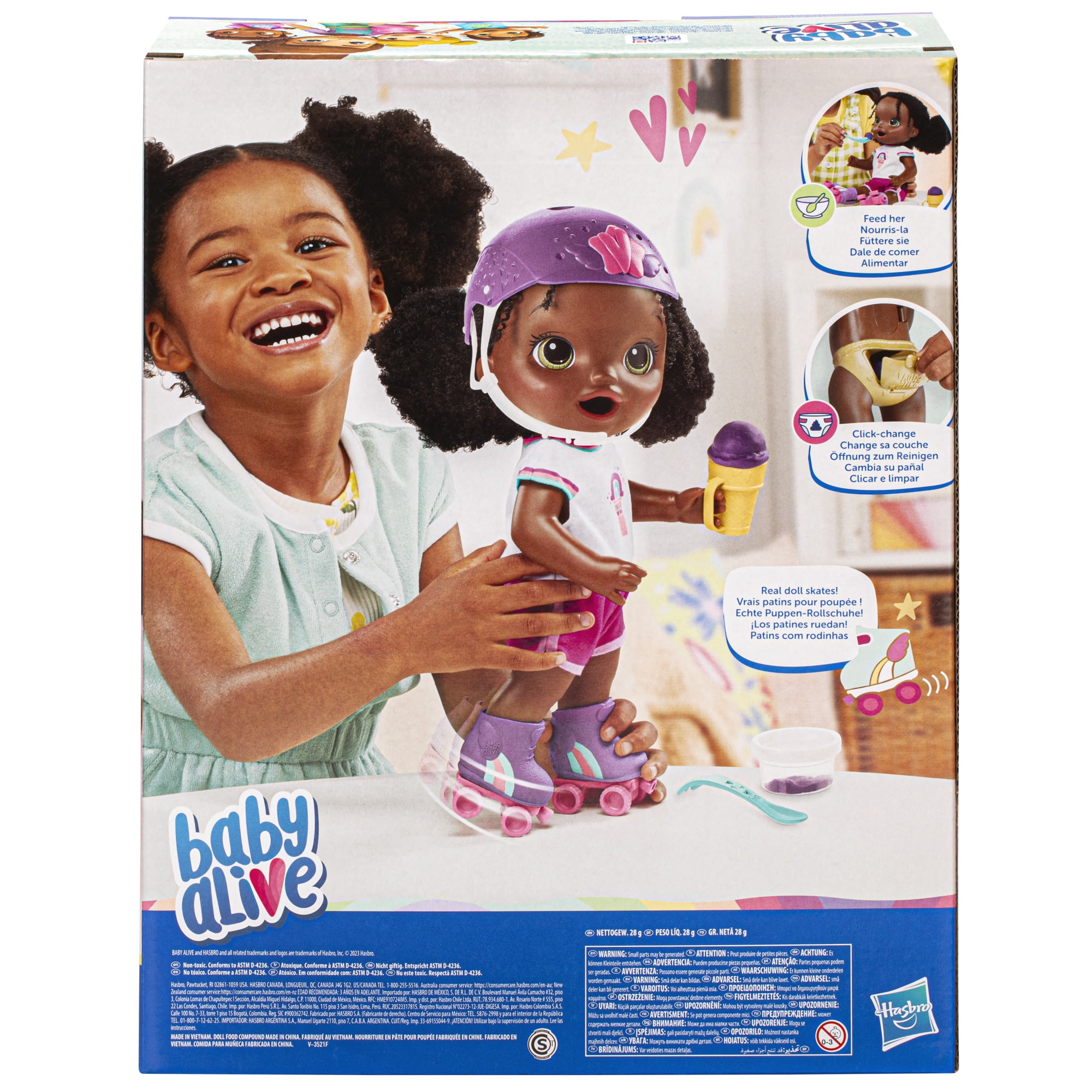 Baby Alive Roller Skate Baby Doll, 12-inch Eats and “Poops” Doll with Roller Skates, Black Hair