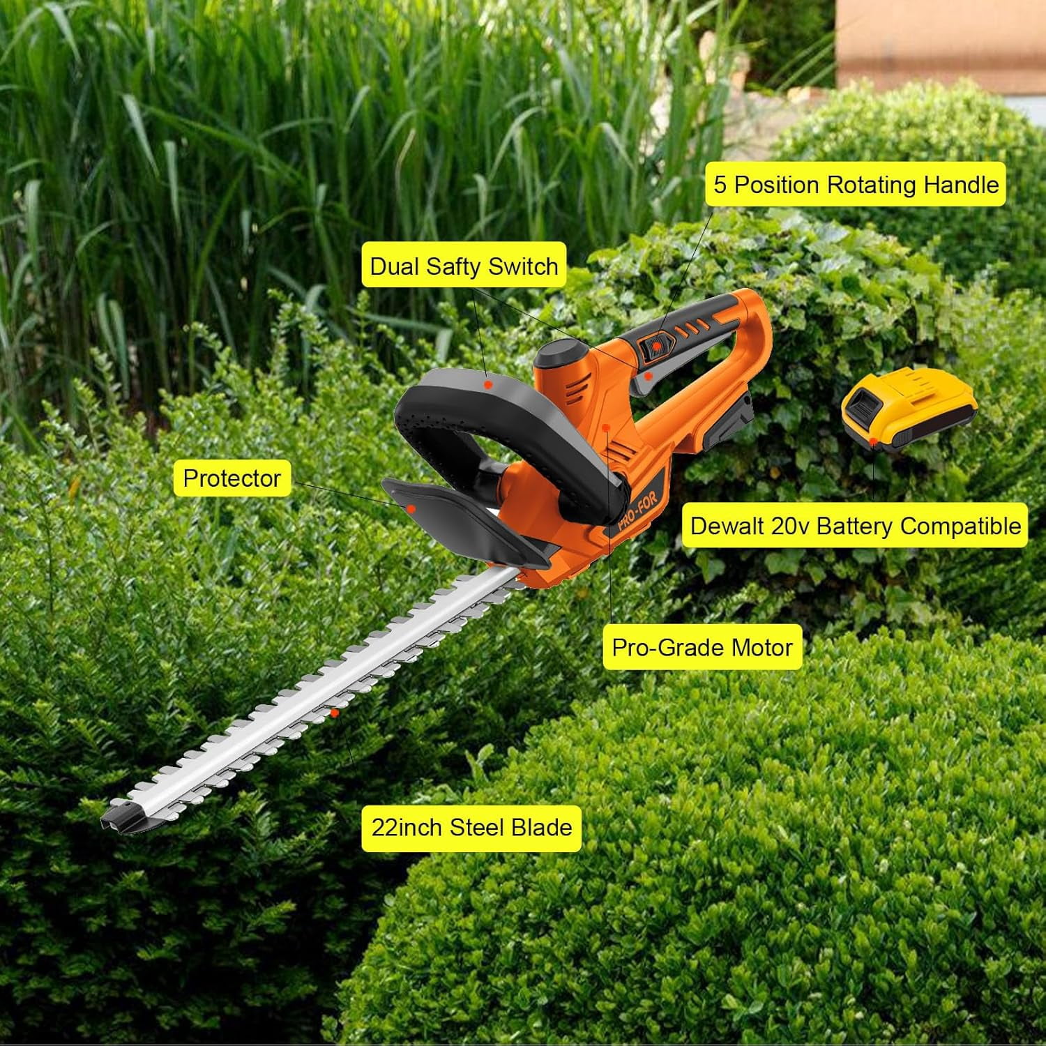 Cordless Hedge Trimmer Compatible with  20V Battery, 22 Inch Dual-Action Blade, Lightweight Electric Bush Trimmer for Garden Maintenance