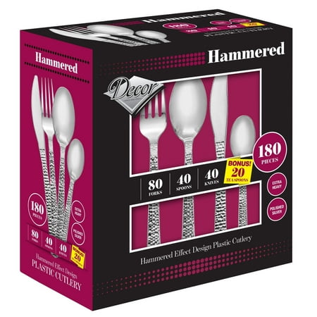 

Posh Setting Hammered Effect Design Silver Plastic Cutlery 180 count set (Includes Forks Knives Soup Spoons and Tea Spoons - Posh Setting