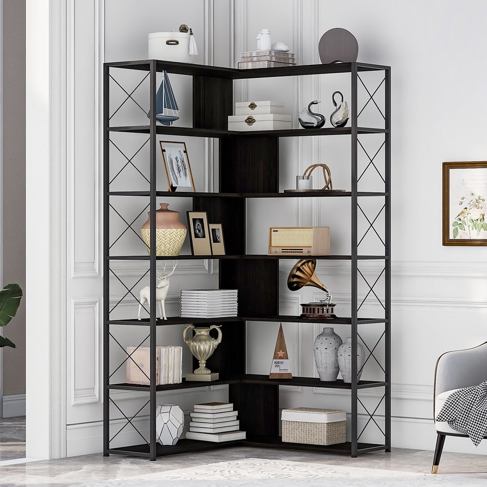 Resenkos 7-Tier Bookcase Home Office Bookshelf,L-Shaped Corner Bookcase with Metal Frame,Industrial Style Shelf with Open Storage,Black