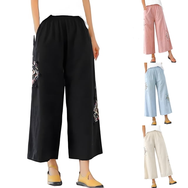 Sentmoon Linen Pants for Women Plus Size High Elastic Waist Wide Leg Sweatpants Loose Solid Color Breathable Pants Women Summer Active for Sports Practice XXXXL