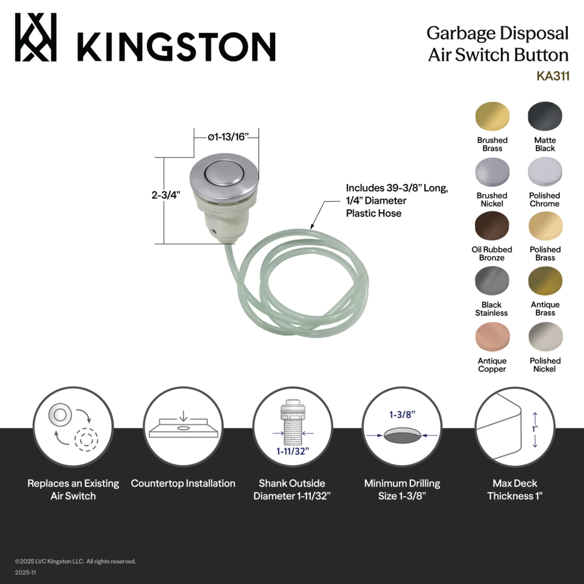 Kingston Brass KA310 Gourmetier Disposal Air Switch Button in Matte Black
