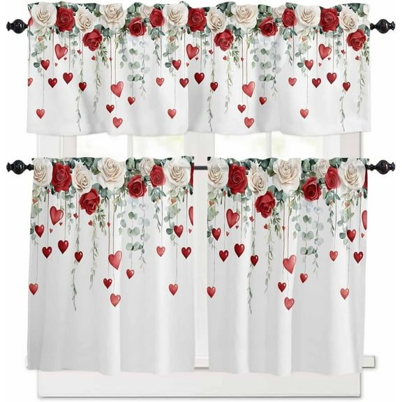Valentines Kitchen Curtains Sets for Windows 24 Inch Length, Love Heart Spring Floral Botanical Rod Pocket Window Treatments Tier Curtains and Valances Set for Bedroom/Bathroom