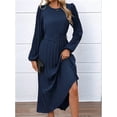 thumbnail image 5 of Women'S Midi Dress Long Puff Sleeve Wrap Crew Neck Flowy Ruffle Pleated Casual Fall Dresses Dark Blue L, 5 of 9