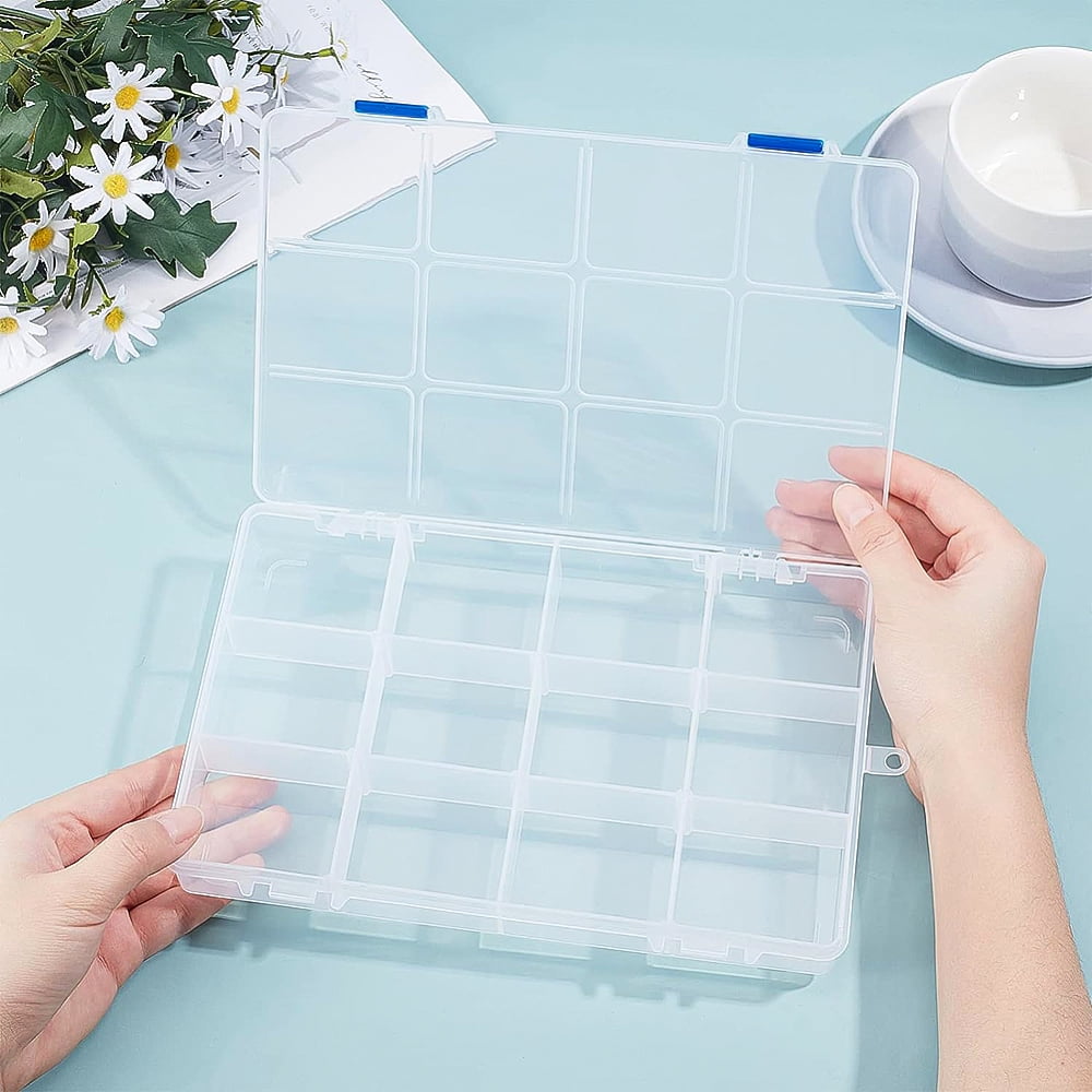 4Pcs Rectangle PP Plastic Bead Storage Container 12 Compartment Organizer Boxes with Hinged Lid for Small Parts Hardware and Craft Clear