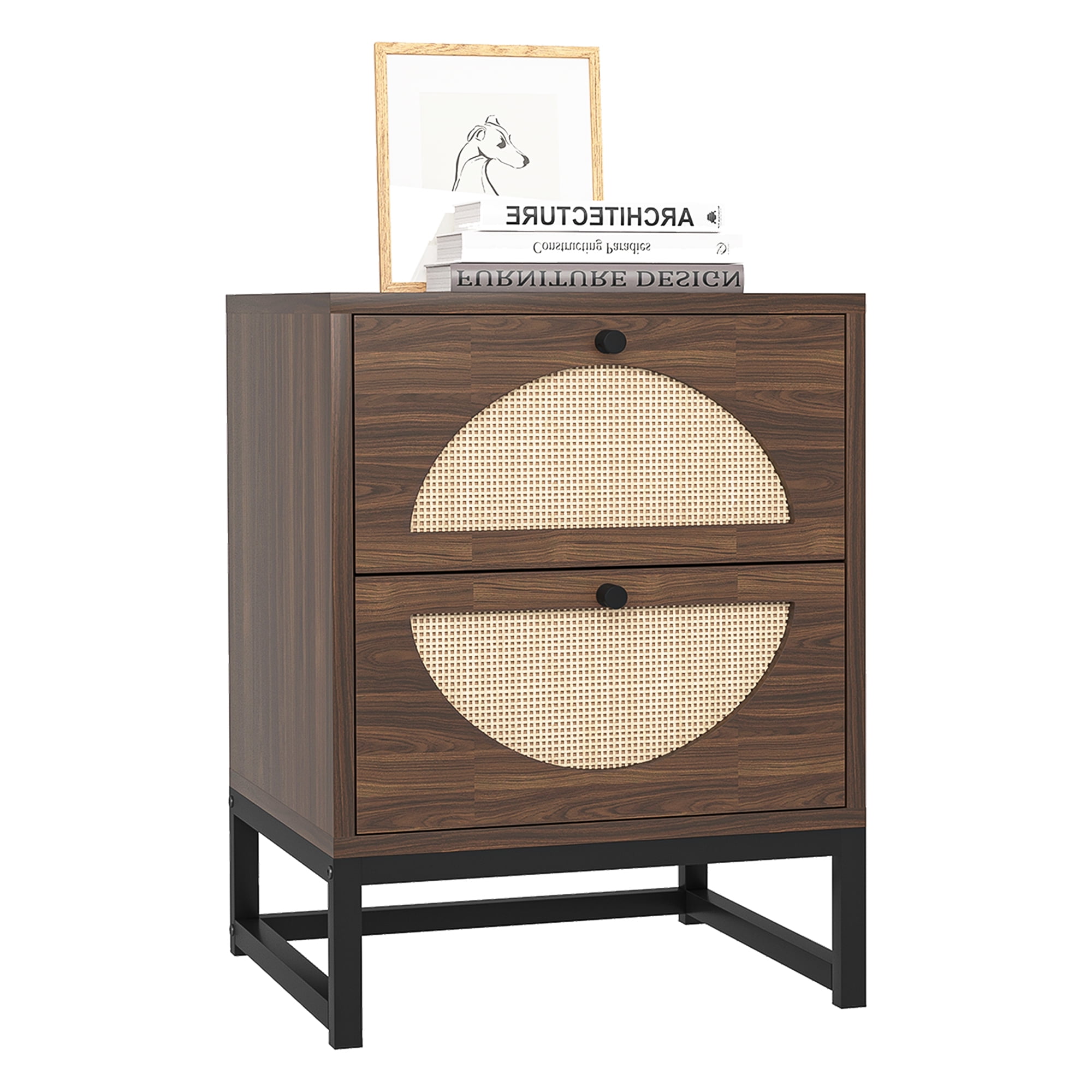 Kadyn Nightstand Set of 2, Bedside Table with 2 Natural Rattan Drawer & Metal Legs, Walnut Side Table for Bedroom Kadyn Nightstand Set of 2, Bedside Table with 2 Natural Rattan Drawer & Metal Legs, Walnut Side Table for Bedroom