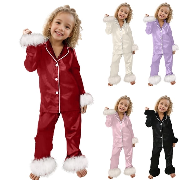 Pandaie 2-10Y Toddler Baby Girl Satin Pajamas Set Feather Trim Long Sleeve Button Down Silk Tops Pants Bottoms Sleepwear Loungewear Black 7-8Y