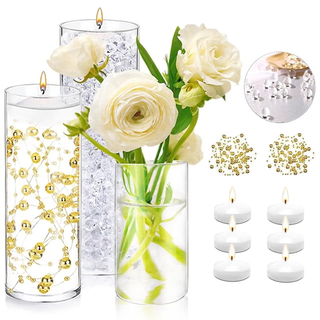 Juego de 3 jarrones cilíndricos de vidrio para centros de mesa con relleno de 20000 floreros, 6 velas flotantes blancas y 2 cadenas de perlas para bodas, fiestas, decoración de mesa