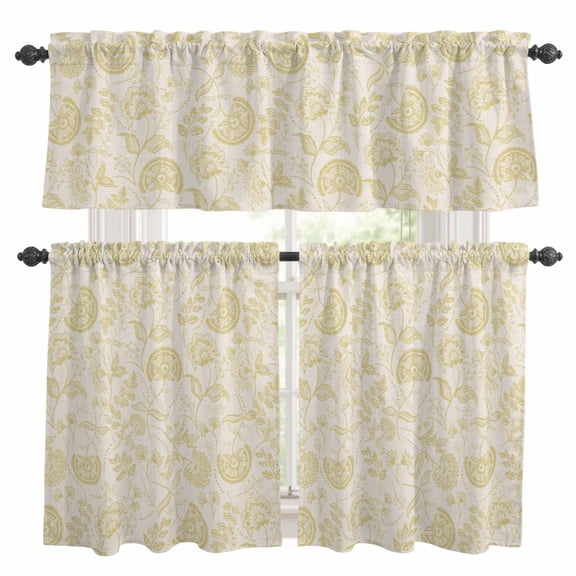 Retro Pastoral Kitchen Curtains Valances and Tiers Set of 3 Yellow Flowers Linen Background Farmhouse Tier Curtains and Valance with Rod Pocket for Small Windows, 27.5"x36"
