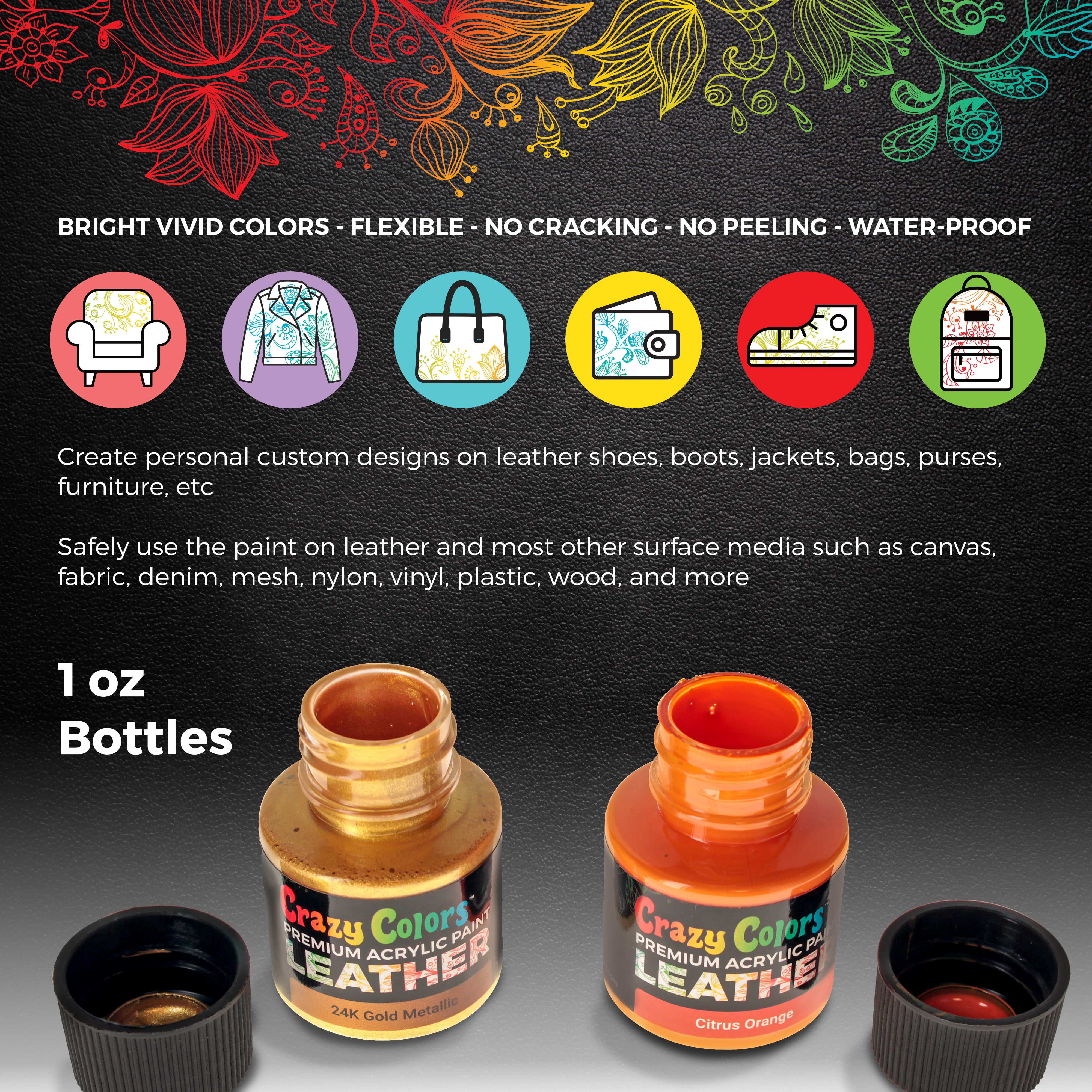 Crazy Colors Premium Acrylic Leather and Shoe Paint Kit, 29 Colors, Deglazer, 4-Piece Brush Set - 1 oz Bottles, Opaque, Metallic, Neon - Flexible, Scratch Resistant - Sneakers, Jackets, Bags Purses
