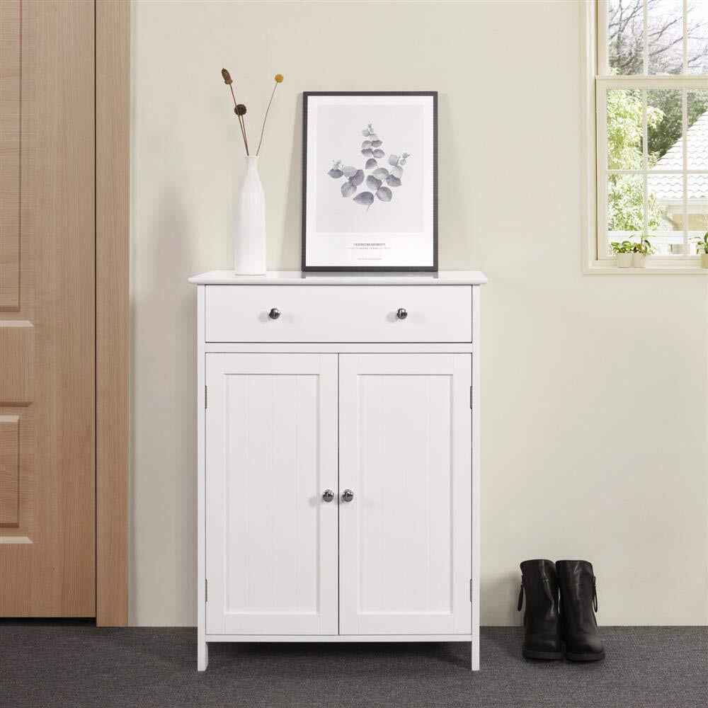 FASCK Wooden Bathroom Storage Cabinet, Modern Bathroom Organizer Cabinet with 3 Heights Adjustable Shelf, Drawer & 2-Door Shelf for Living Room Entryway, Easy Assembly, White