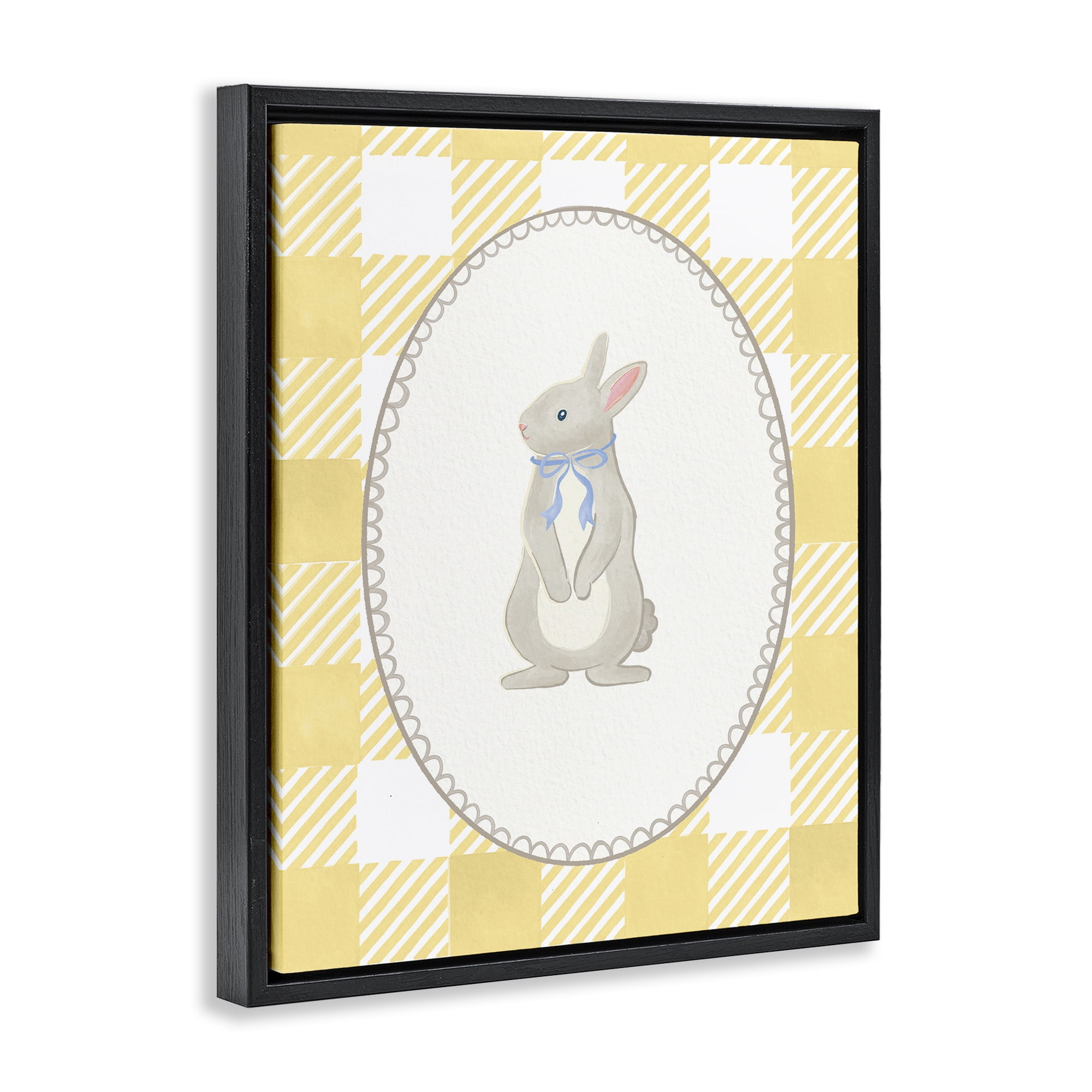 Stupell Industries Little Bunny on Yellow Gingham Black Framed Floater Canvas Wall Art, design by The Paper Curator