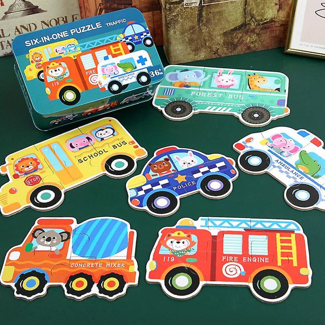 6 en 1 Caja Rompecabezas de madera de gran tamaño Bebé Animal y Vehículo de tráfico Rompecabezas a juego Niños XianweiShao 8390614540361
