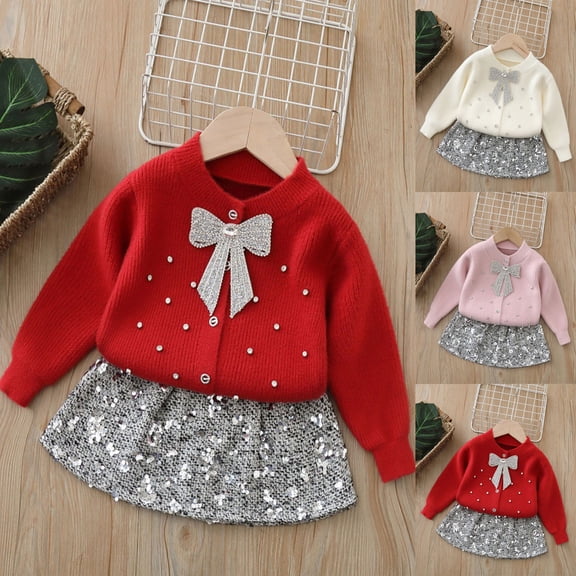 Swuxness Girls' Long Sleeve Knit Sweater 2 Piece Set, Kids Fall Short Skirt Set, Girls Round Neck Rhinestone Knit Cardigan Sweater with Sequin Skirt 2-Piece Set White, 1-2 Years