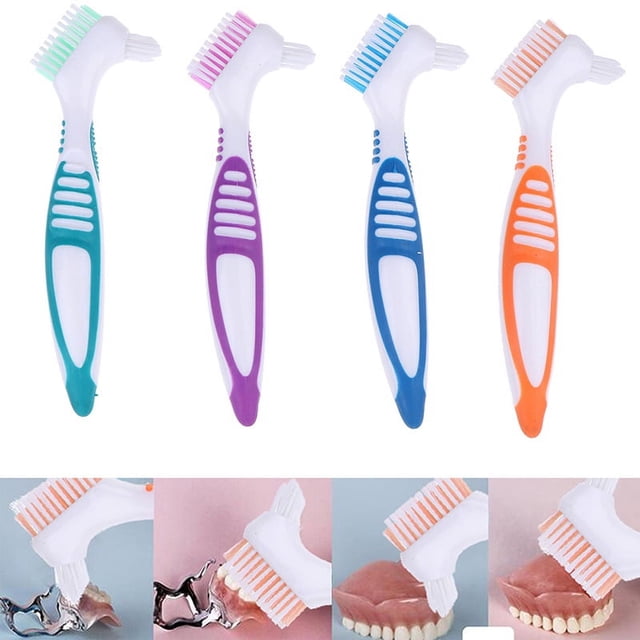 Juego de 4 cepillos de limpieza para dentaduras postizas con cerdas multicapa y mango de goma ergonómico, cepillo portátil de doble cara para limpiar dientes postizos JM