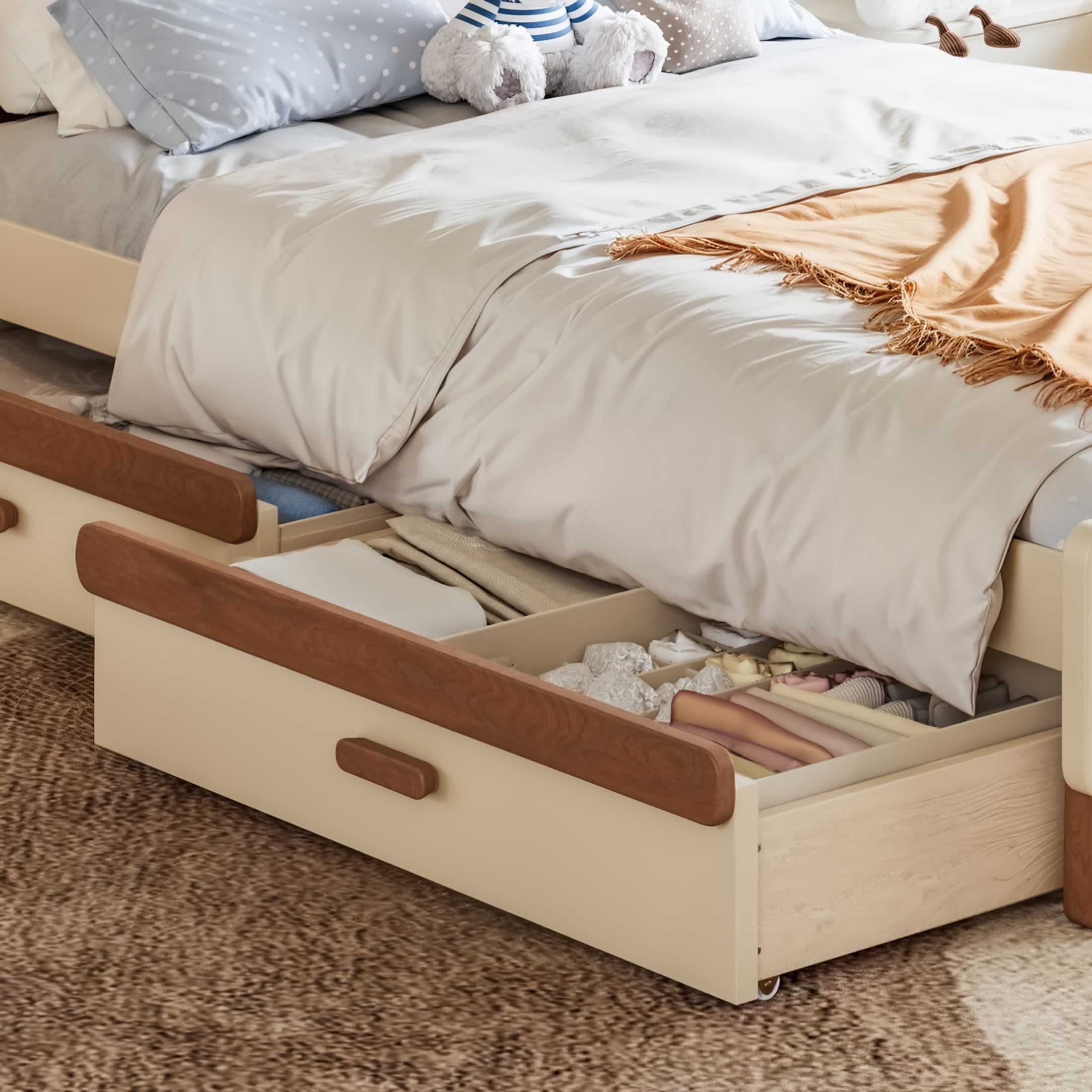 GDF Studio Twin Size Platform Bed with Storage Drawers, Round Headboard, No Box Spring Needed, Beige+Brown