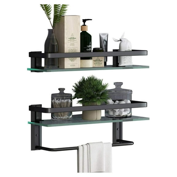 Glass Bathroom Shelf 15.7in, Wall Mounted Floating Shelves with Towel Holder, 2-Tier Shower Shelf for Bathroom, Kitchen, Modern Design