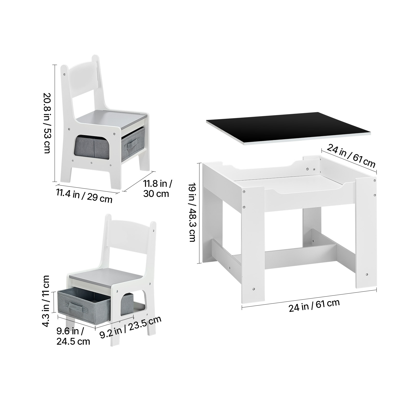 VEVOR Kids Table and 2 Chairs Set, Toddler Table and Chair Set with Storage Space under the Table, Cloth Storage Box under the Chairs, Wooden Desk for Art, Craft, Reading, Learning, Drawing, White