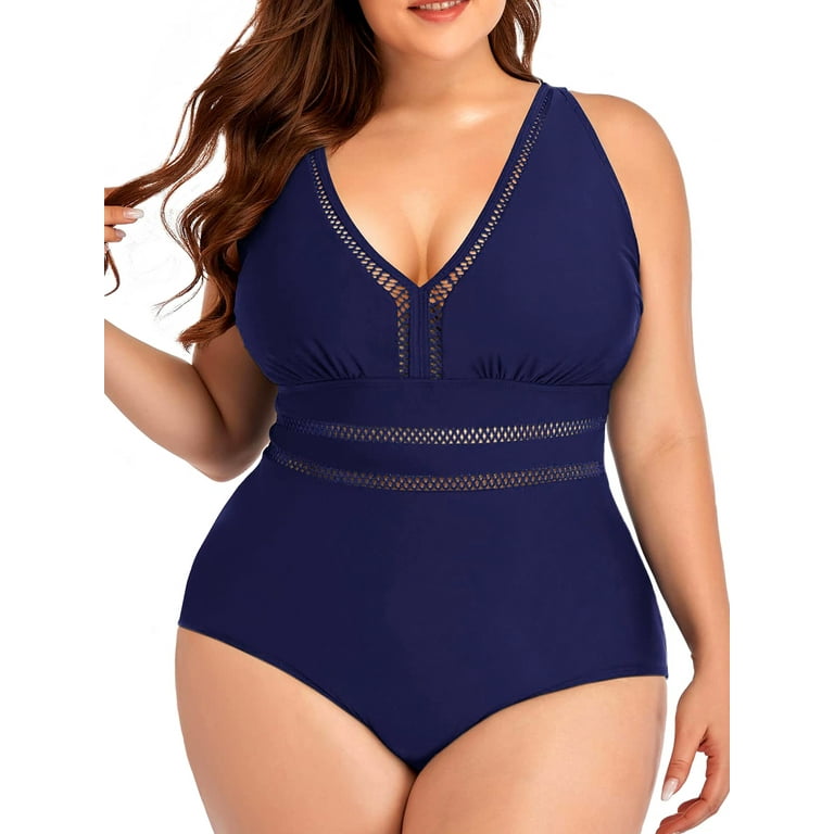 Chama Women's Plus Size One Piece Swimsuits V Neck Tummy Control Bathing  Suits 