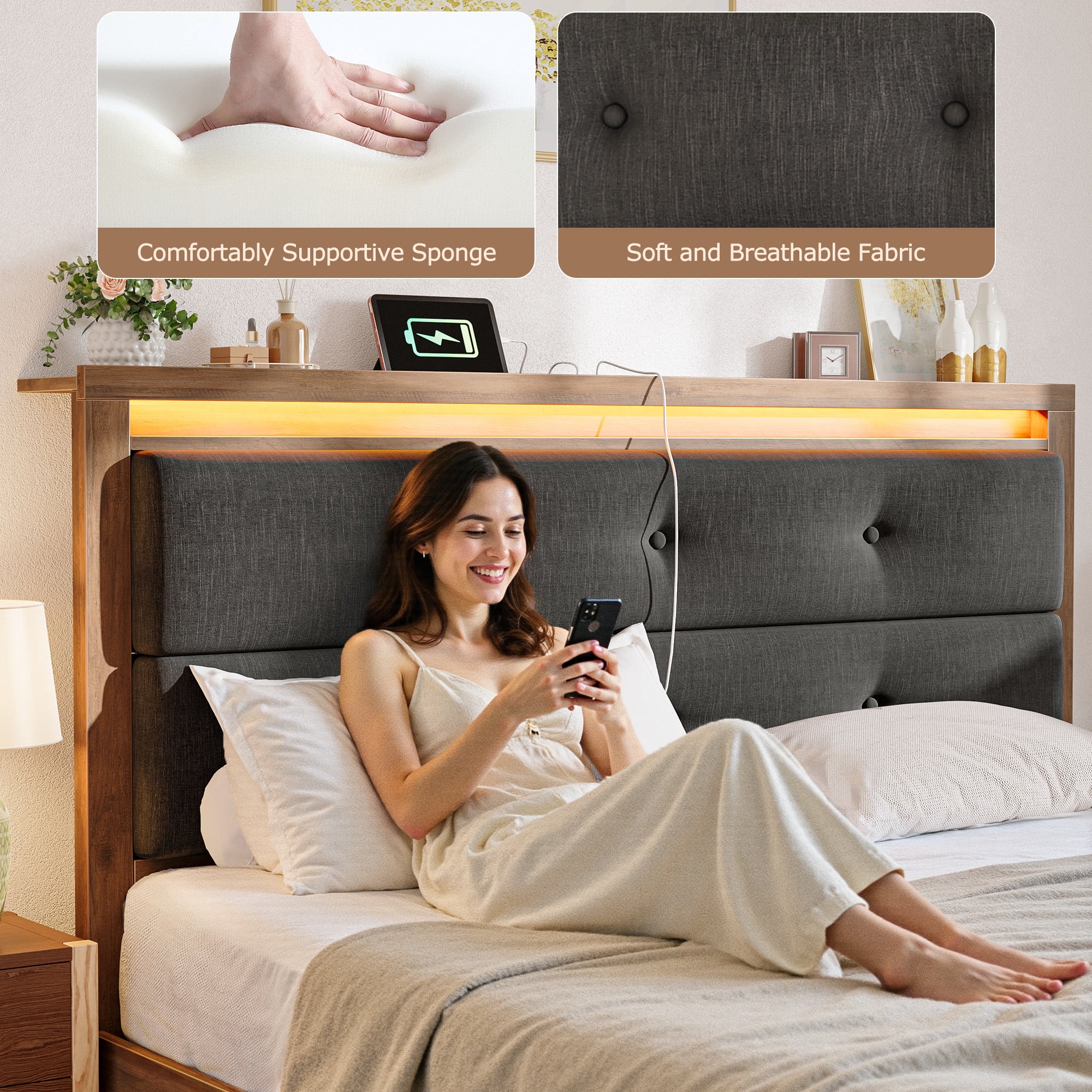 King Size Bed Frame with Headboard & Charging Station & LED Lights Upholstered Bed Frame with Storage Platform Wood Bed