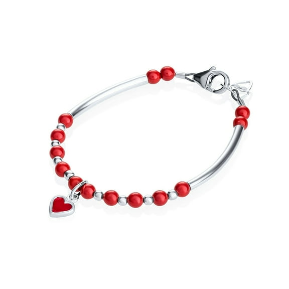 Charming Sterling Silver baby girl banglet bracelet with red heart Charm and pearls | stylish bracelet gift (BN02)