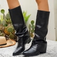 thumbnail image 2 of Tqyyweavej Women's Knee High Boots Fold Over Pointed Toe Motorcycle Riding Boots Versatile Solid Color Mid Chunky Heeled Shoes for Women, 2 of 10