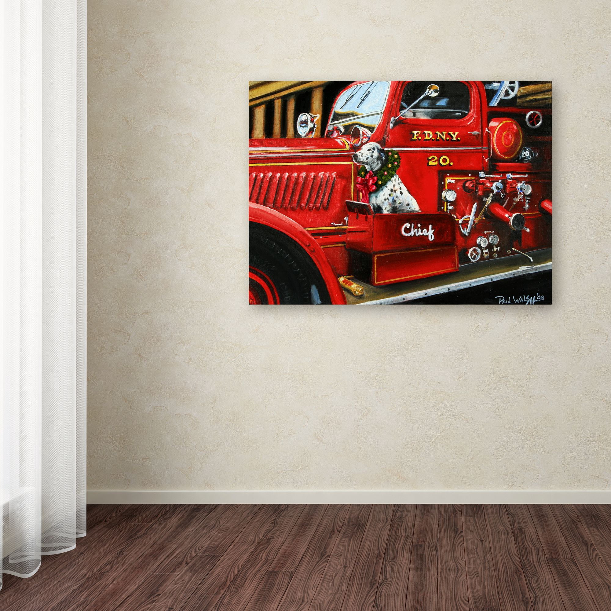 Trademark Fine Art 'Dalmatian Christmas Firetruck' Canvas Art by Paul Walsh