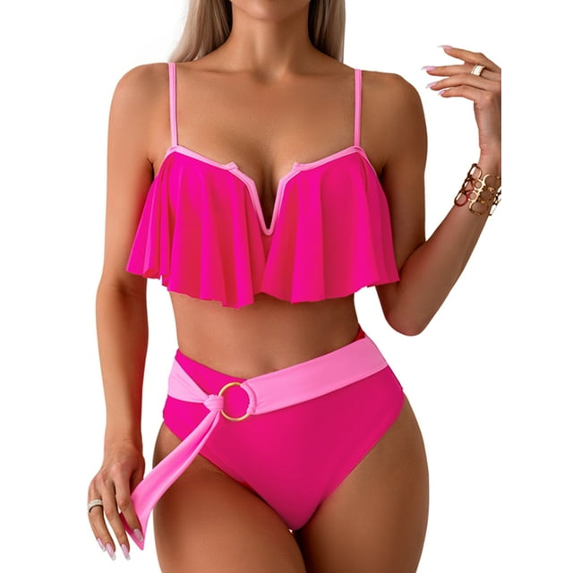 SUNSIOM Mommy and Me Swimsuit, Contrast Color Leaves Print Ruffled Bra with Briefs Family Matching Swimsuit 2-piece Summer Bikini Set