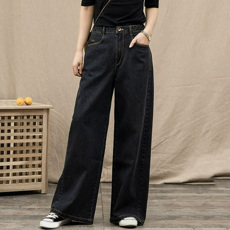 Velvet Thickened Denim Wide Leg Pants High Waist Straight Floor