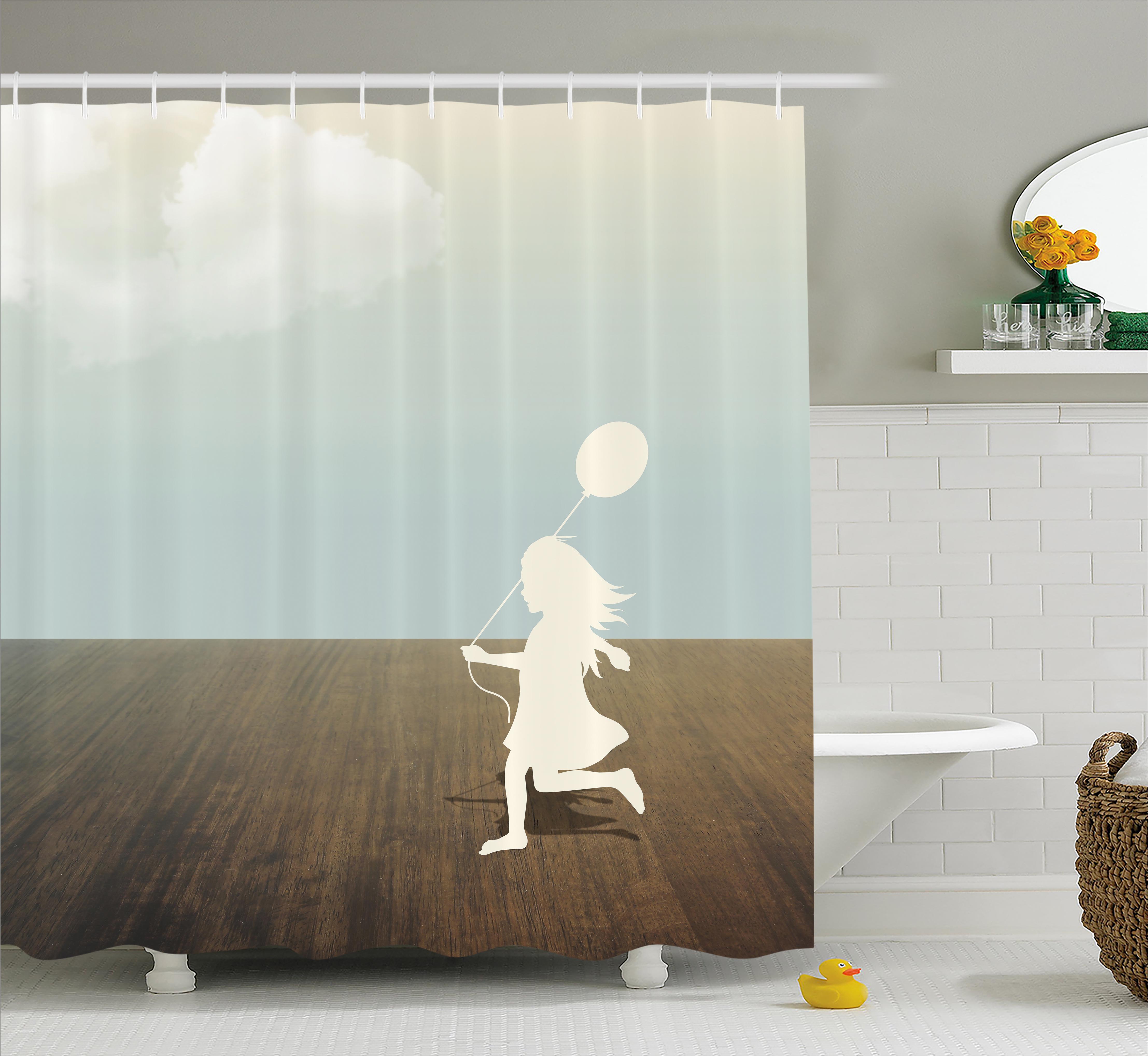 Girls Shower Curtain, Silhouette of a Little Girl with Balloon Under