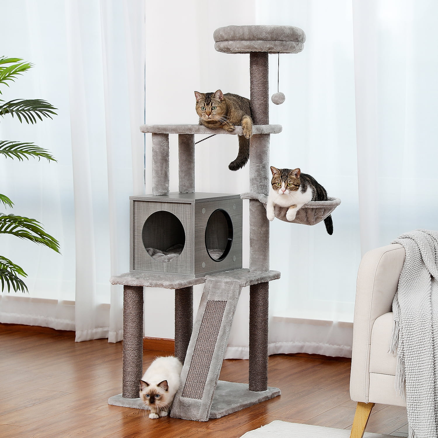 Pefilos 57" 4 Levels Platform Cat Tree, Wood Cat Condo for Large Cats with Fully Scratching Posts, Hammock, Padded Perch Cat Tower for Indoor, Gray Pefilos 57" 4 Levels Platform Cat Tree, Wood Cat Condo for Large Cats with Fully Scratching Posts, Hammock, Padded Perch Cat Tower for Indoor, Gray