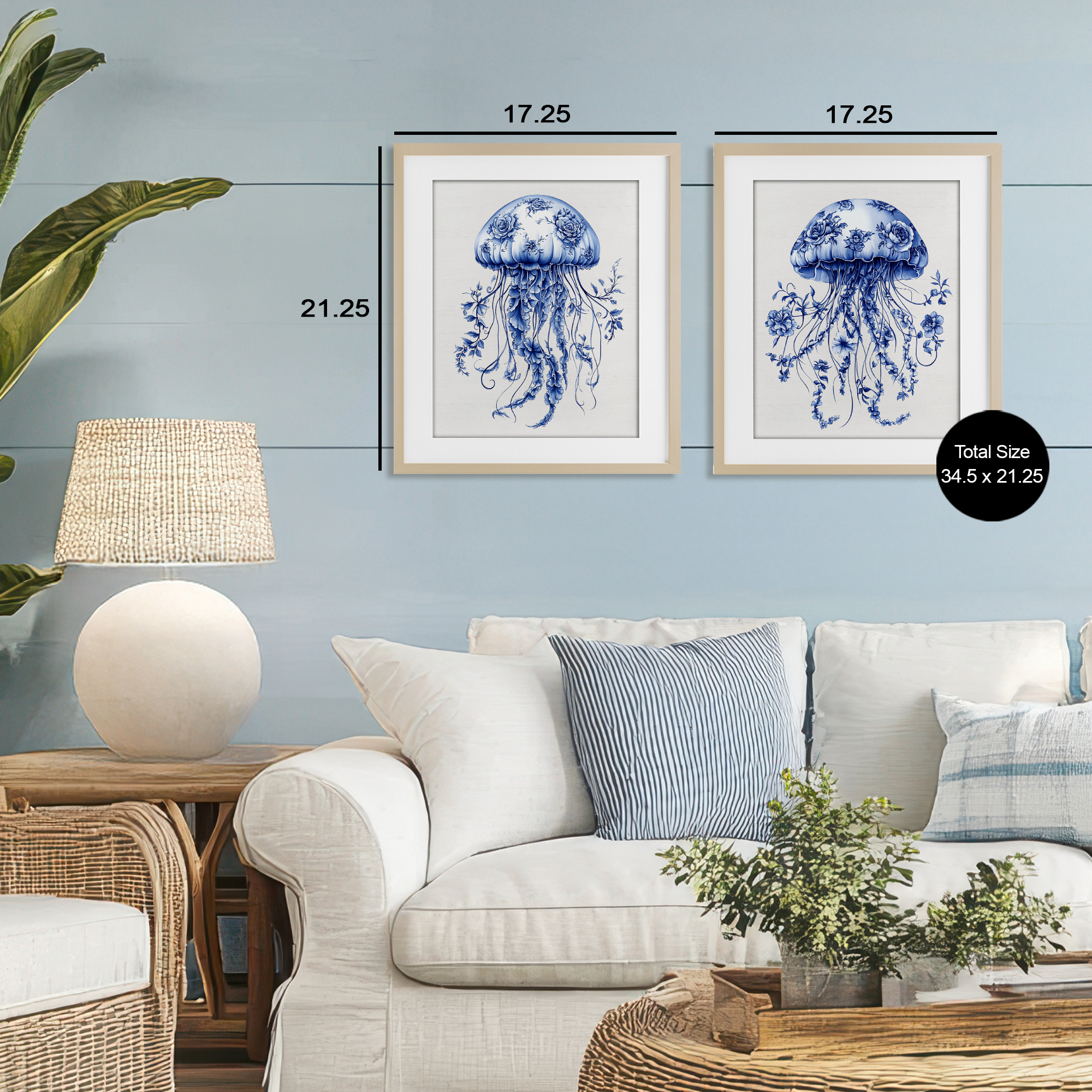 Funky Florals Toile Jellyfish 2 Piece Birch Framed Print Under Glass Set, design by Lettered and Lined