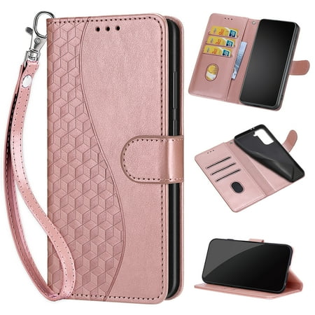 Feishell Wallet Case for Samsung Galaxy A32 5G, Premium Embossed PU Leather Flip Cover with Card Holder Kickstand Wrist Strap, Full Body Shockproof Phone Protection Case for Galaxy A32 5G, S2rosegold