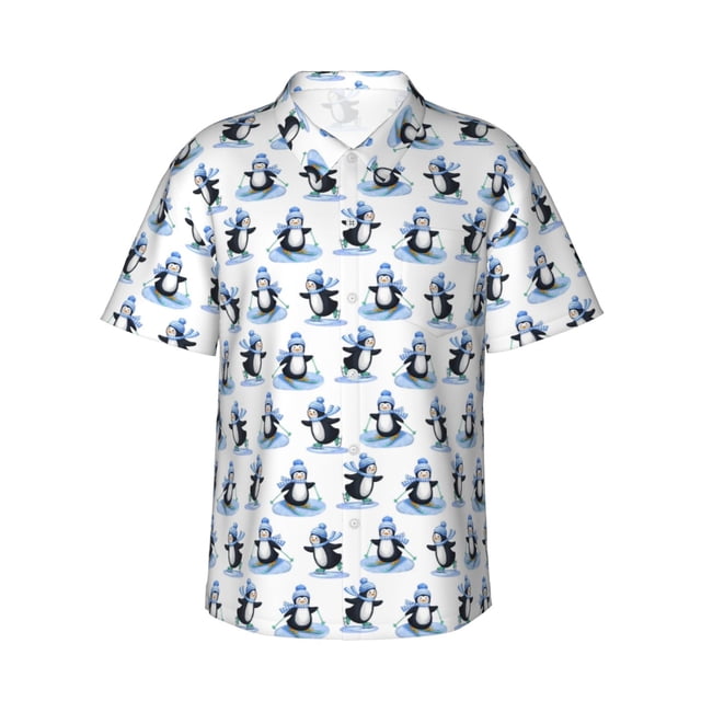 Balery Skiing Penguin Funny Camisas hawaianas de manga corta para hombre, camisas playeras de corte holgado, camisas de vacaciones con botones,Medium
