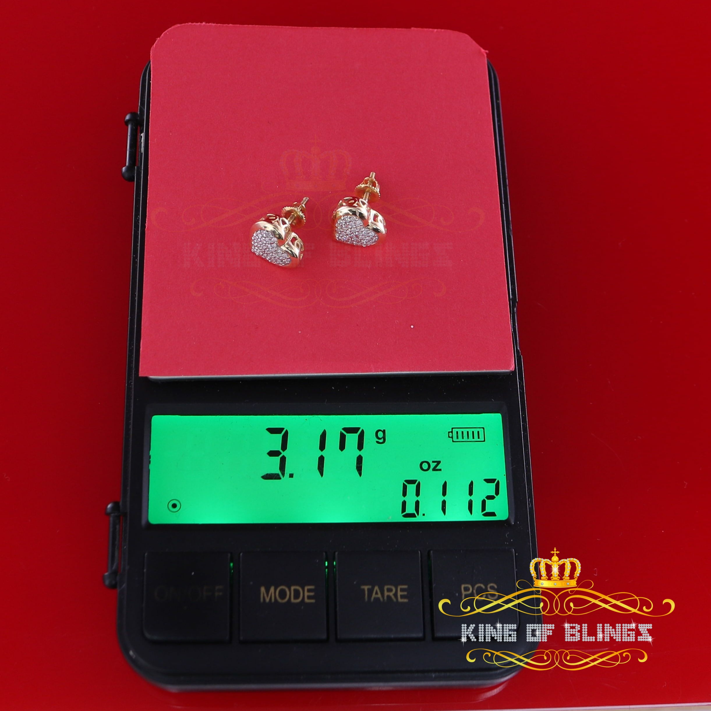 King of Bling's 10K Real Yellow Gold Real Diamond 0.25CT Men's/Women's Stud Micro Heart Earring