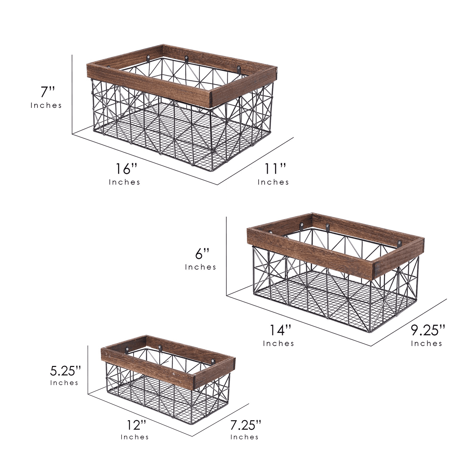 American Art Decor Contemporary Black and Walnut Metal and Wood Storage Basket Set of 3