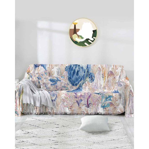 Blue Sea Turtle Sofa Covers for 3 Cushion Couch,Washable Sectional & L Shape Couch Covers for Dog/Cat/Kids,Coastal Starfish Conch Jellyfish Sea Horse Non Slip Sofa Slipcover Futon Cover 71x150