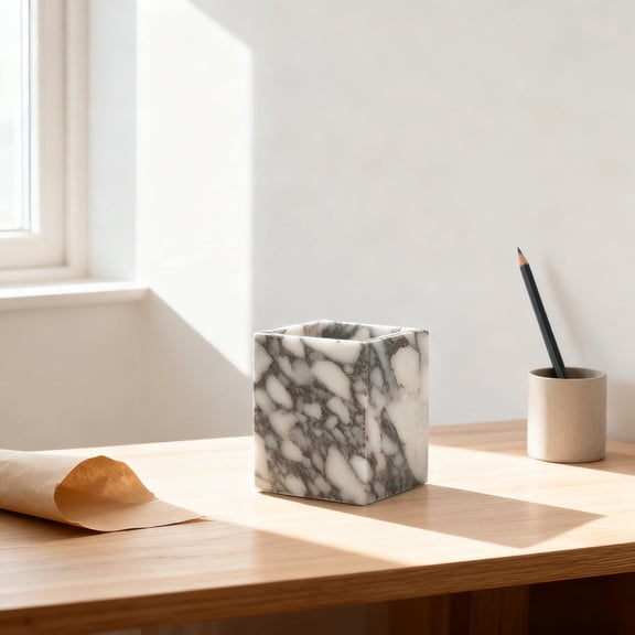 Calacatta Viola Marble Pen Holder, Natural Stone Desk Organizer with Non-Slip Base for Makeup Brushes, Makeup Organizer, Office Supplies Storage, Elegant Desktop Vanity Tray for Home Bathroom