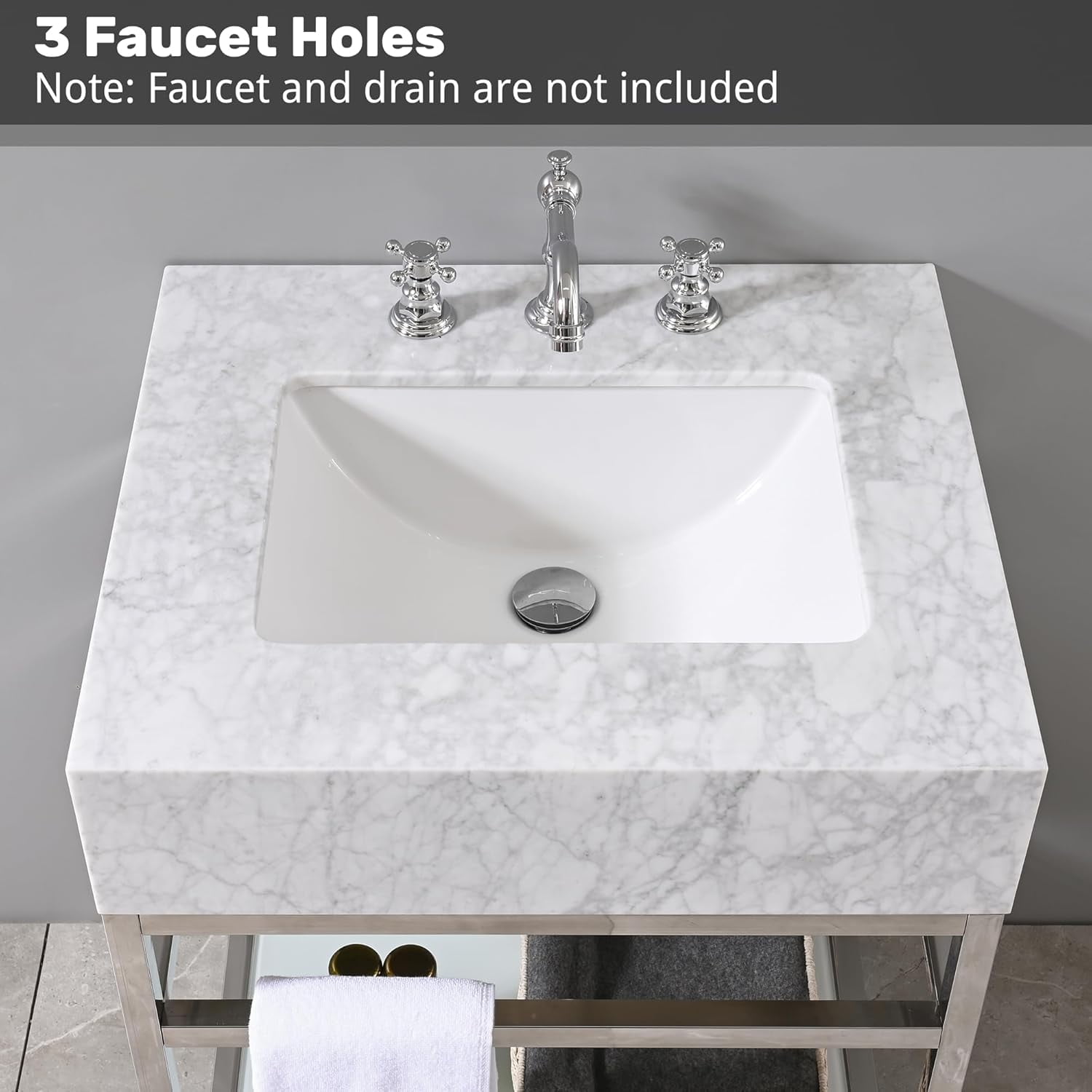 GGISHA 24"x 21"Freestanding Bathroom Vanity with Sink,Carrara Marble,Silver Frame,Tempered Glass Shelf