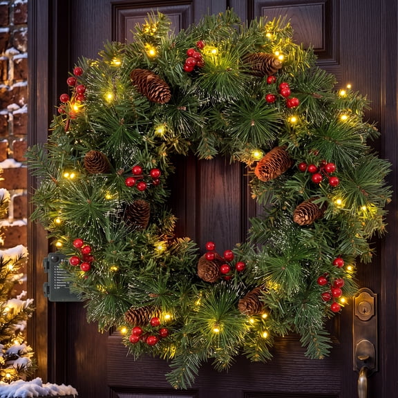 Goosiay 24" Pre-Lit Christmas Wreaths for Front Door, Christmas Needles, Red Berries, Pine Cones, Outdoor Lighted Christmas Wreath for Window Fireplace Indoor Outdoor Decor, Green