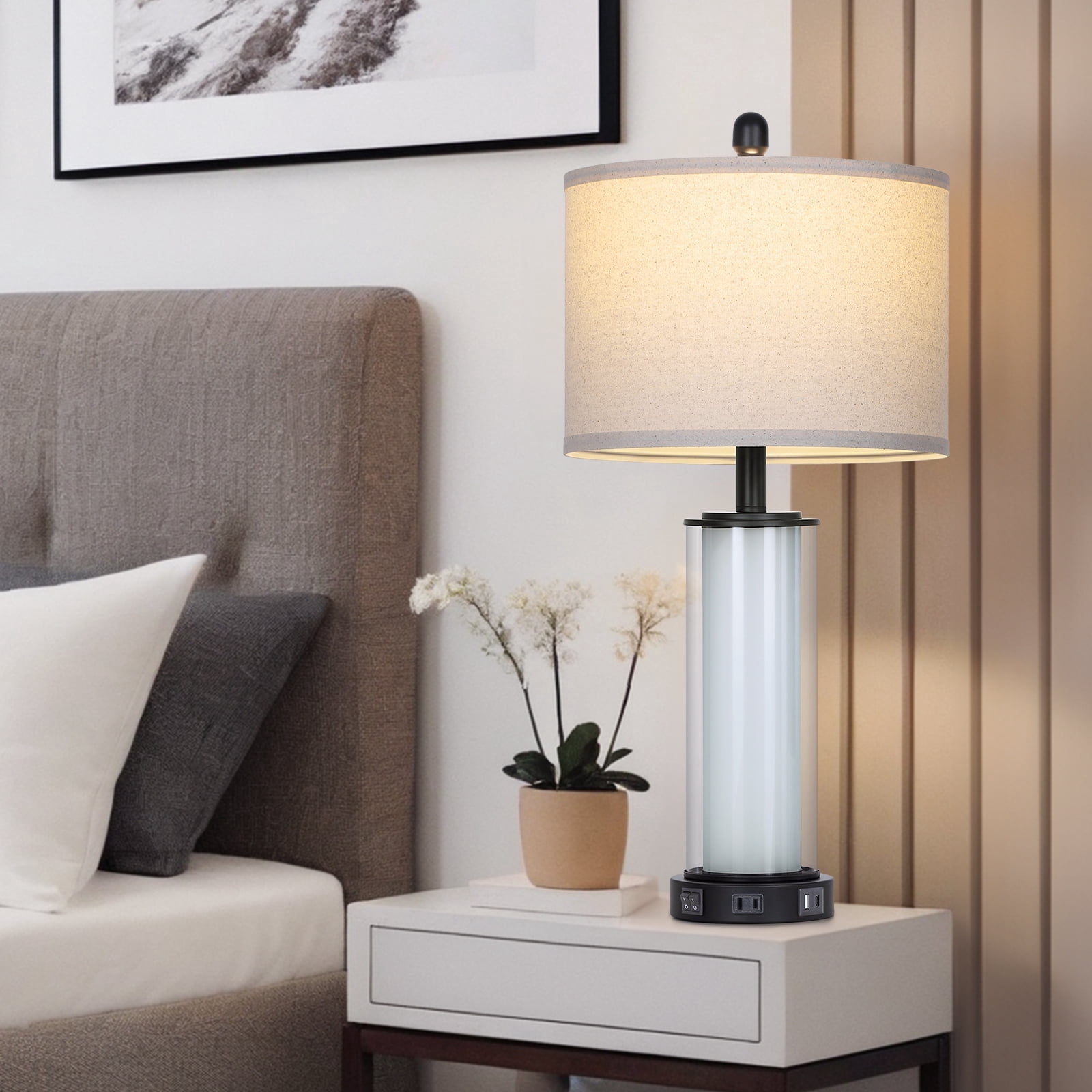 Lolikit Table Lamp Set of 2 Modern Nightstand Bedside Lamps for Bedroom Living Room with USB A+C Ports & AC Outlet,Bulbs Included