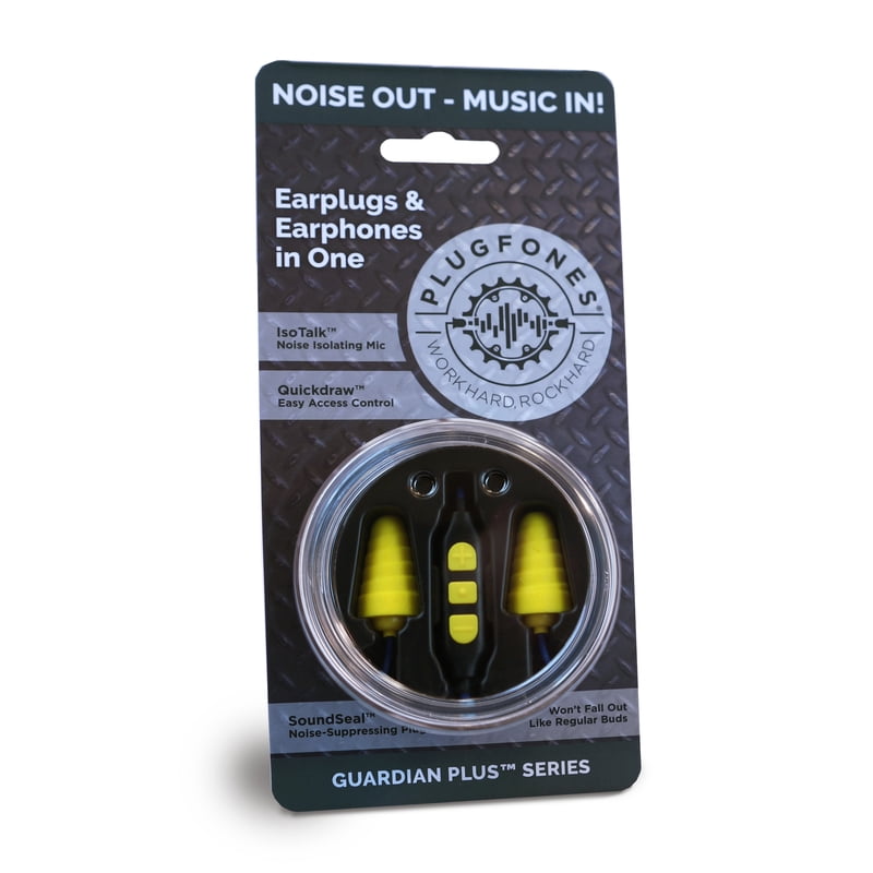 Plugfones Guardian Plus in-Ear Earplug Earbud Hybrid - Noise Reduction in-Ear Headphones with Noise Isolating Mic and Controls (Yellow & Blue)